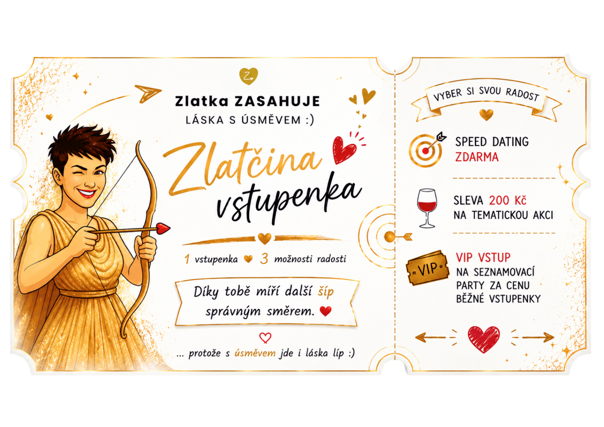 Ilustrace Zlatčiny vstupenky – komunitní odměna za doporučení nových účastníků seznamovacích akcí Zlatka ZASAHUJE.