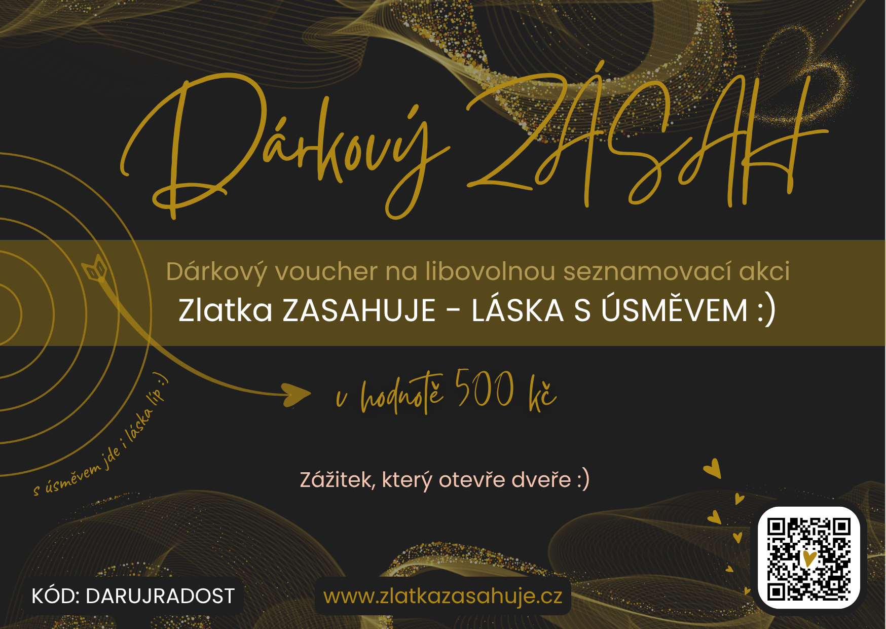 Grafika Dárkového ZÁSAHU – dárkový voucher na seznamovací akce Zlatka ZASAHUJE