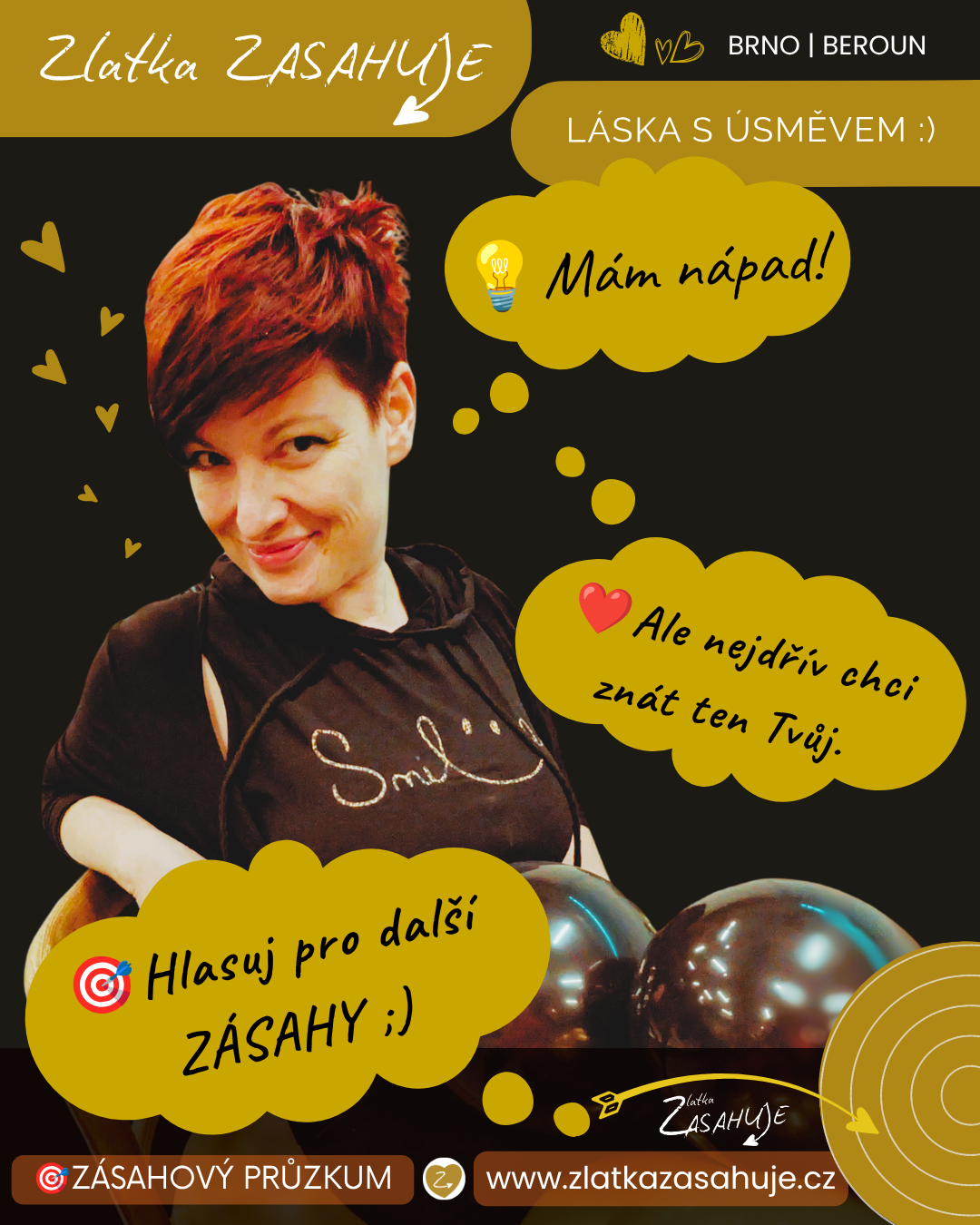 ZÁSAHOVÝ PRŮZKUM Zlatky ZASAHUJE – pomoz vytvořit nové seznamovací a tematické akce v Brně, Berouně a dalších městech.